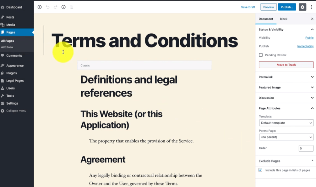 Create terms and conditions page in WordPress