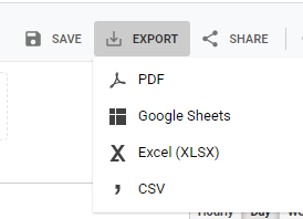 Export in PDF, excel (XLSL), CSV, and Google sheets drop down