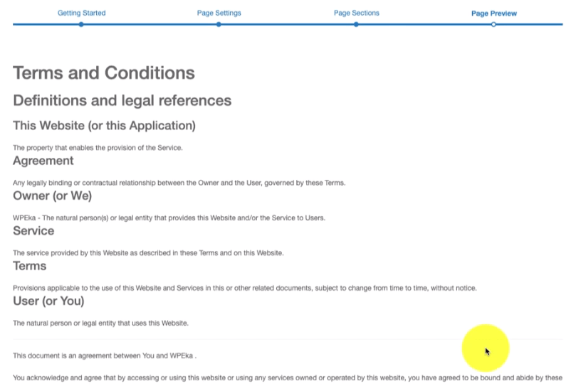 Preview of terms and conditions page for your website