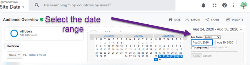 Select the date range in google analytics