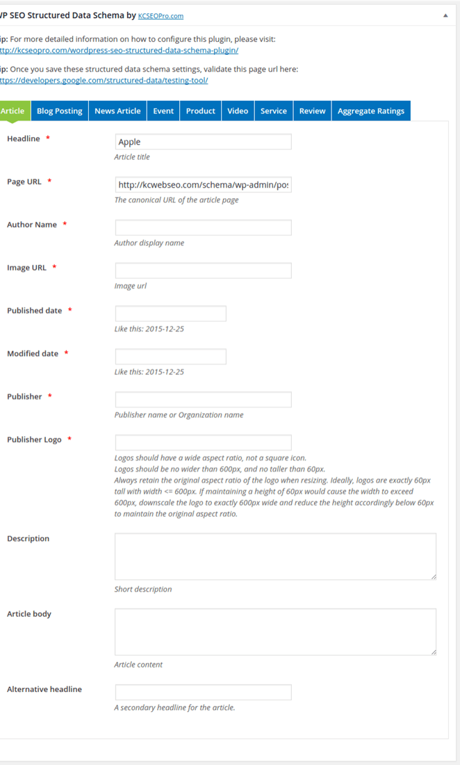 WP SEO Structured Data Schema setting