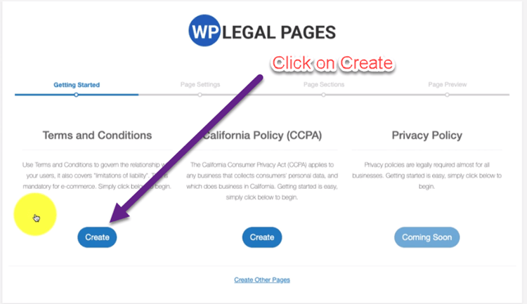 click on create terms and condition page for your website