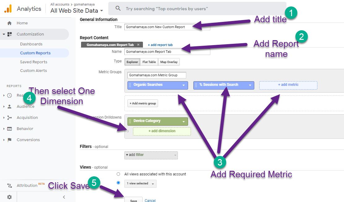 custom google analytics reports setting