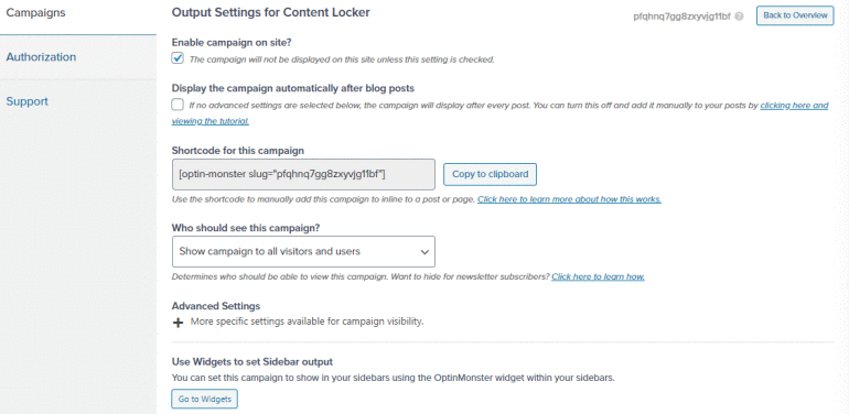update output settings for content locker