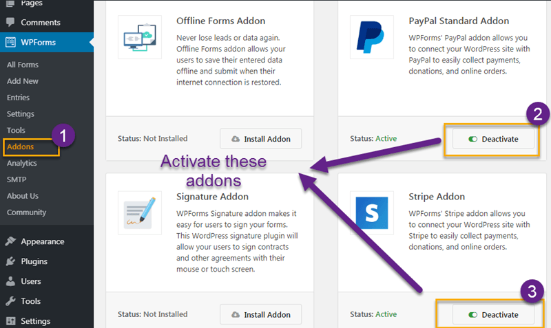 Activate paypal and stripe addons