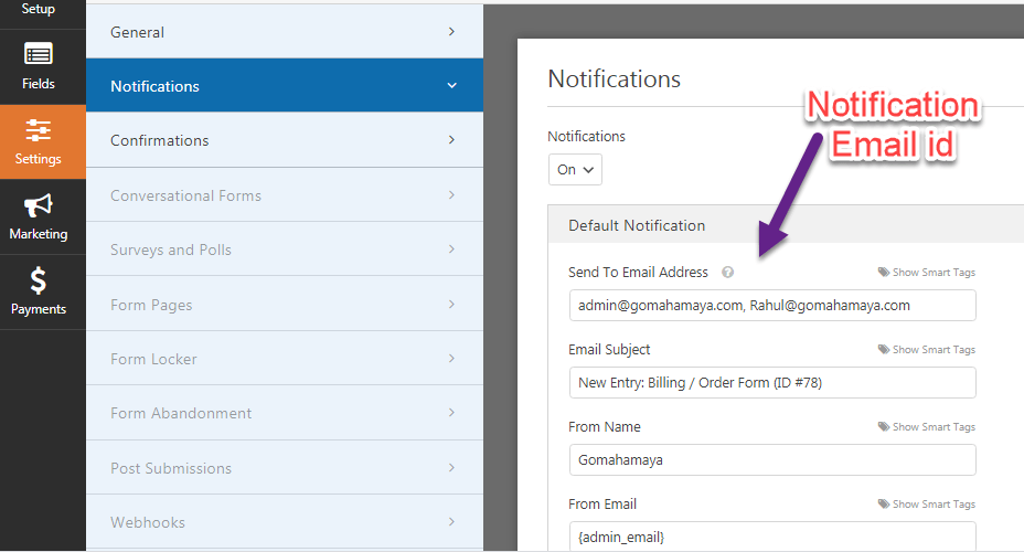 Change email notification Send To Email Address in wpforms