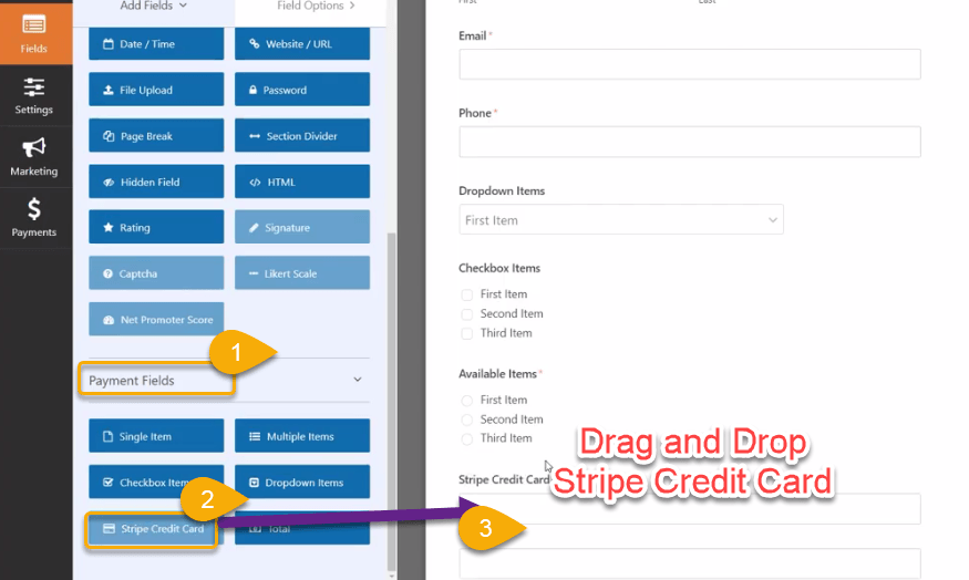 Drag and Drop Stripe Credit Card wpforms