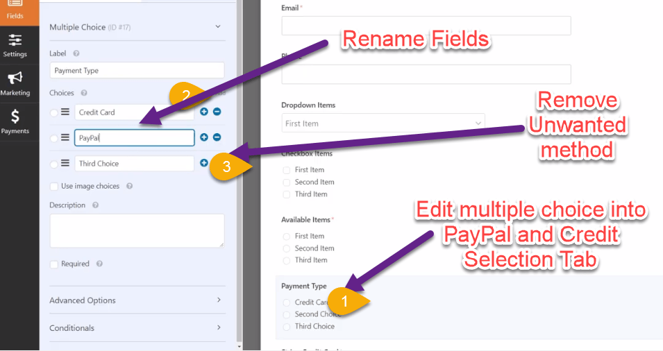 Multiple choice Fields for accpeting paypal and credit card in WordPress Order Form