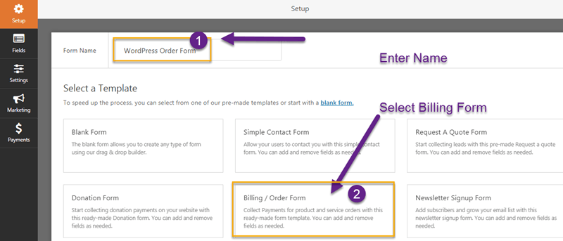 WordPress Order Form template selection