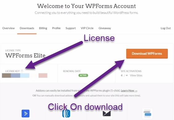 Wpform download plugin and license key