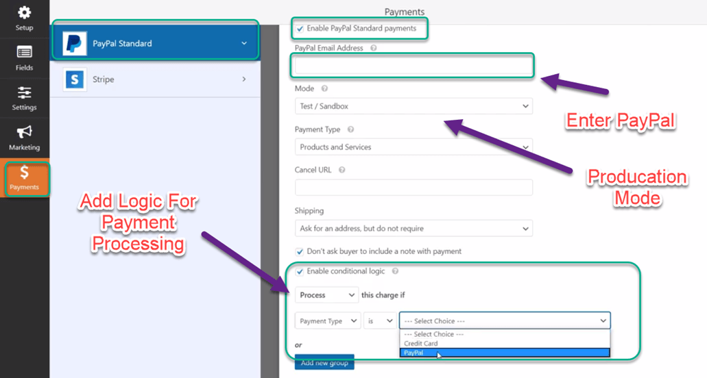 Wpfroms Paypal payment setting