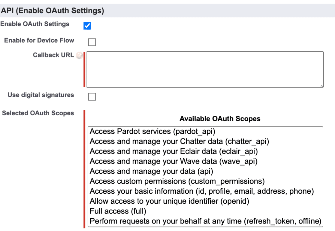 Salesforce API enable oauth settings