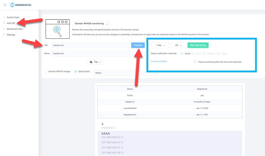 Hexowatch domain WHOIS monitoring