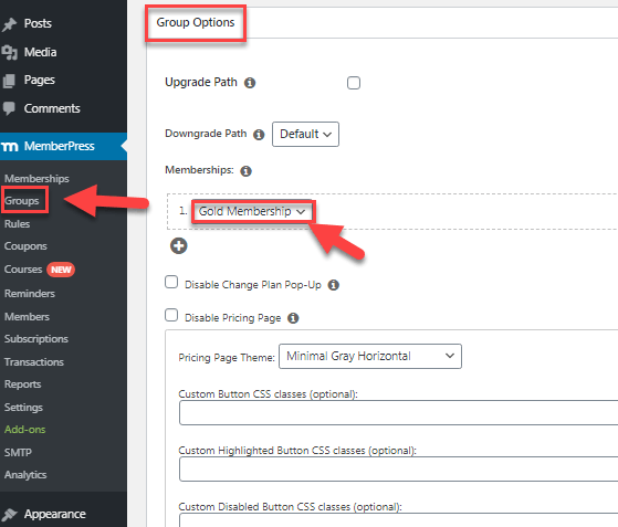 MemberPress group options pricing plan setting