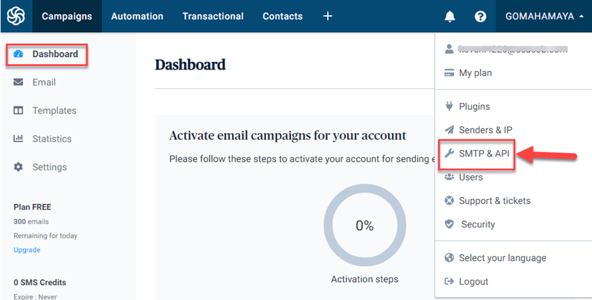 SENDINBLUE DASHBOARD SMTP AND API KEYS