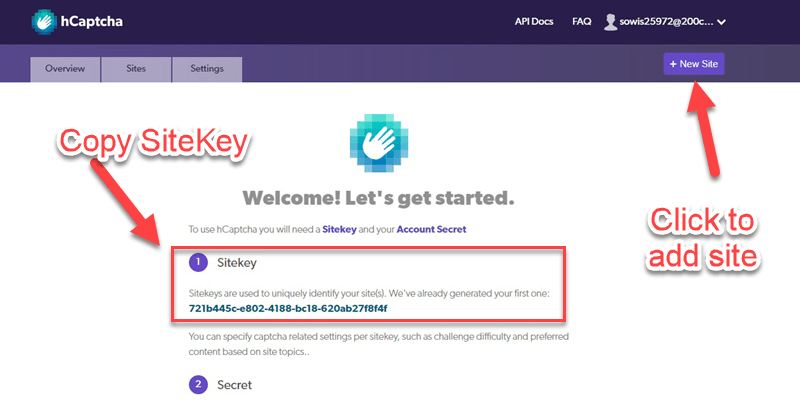hcaptcha sitekey and add new site