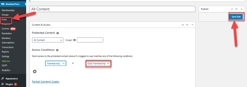 memberpress rules access conditions settings