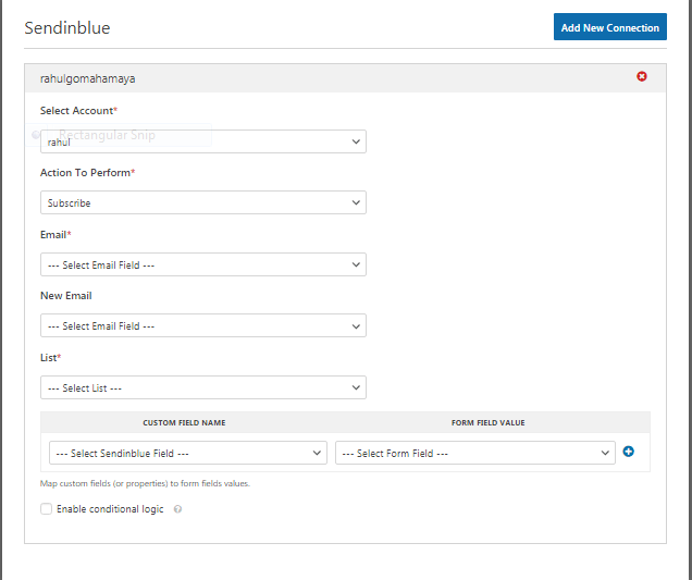 sendinblue account, action and custom settings
