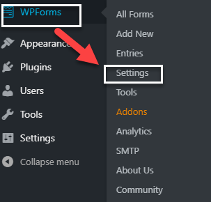 wpforms WordPress dashboard setting