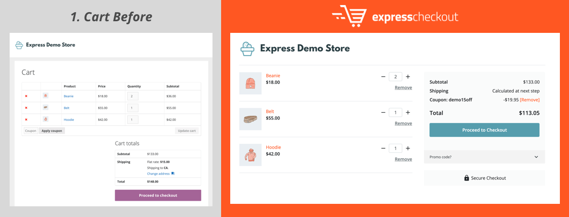 Before and after Express Checkout for WooCommerce