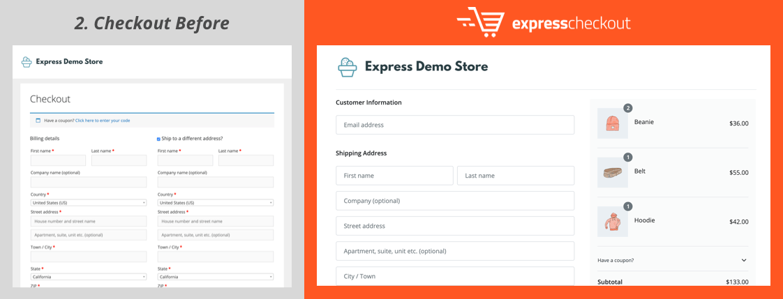 checkout before and after for Express Checkout Plugin for WooCommerce