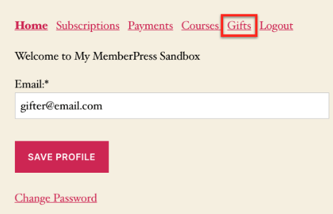 memberpress accounts gift tab