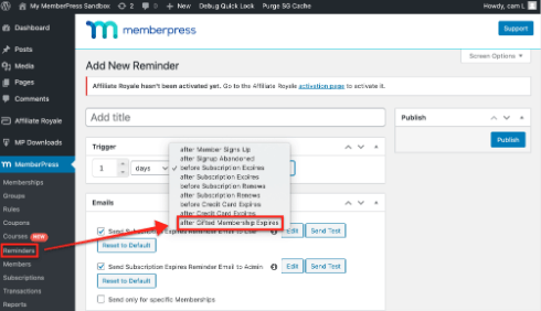 memberpress memberships reminders settings