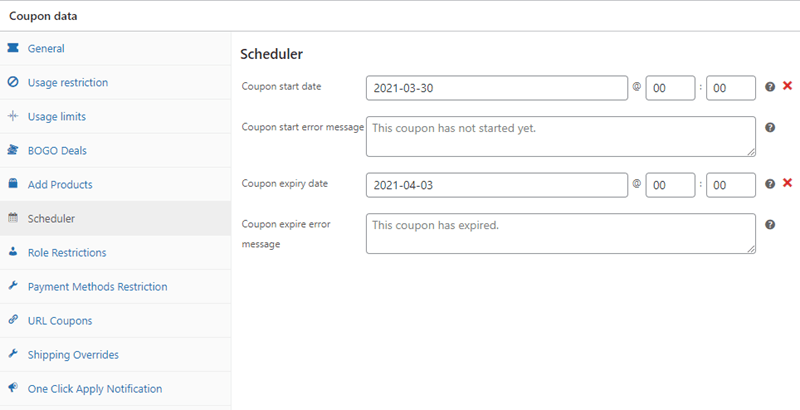 Coupon Data schedule discounts scheduler settings