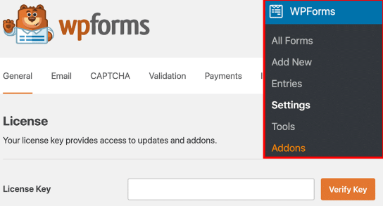 WPForms settings addons paste license key