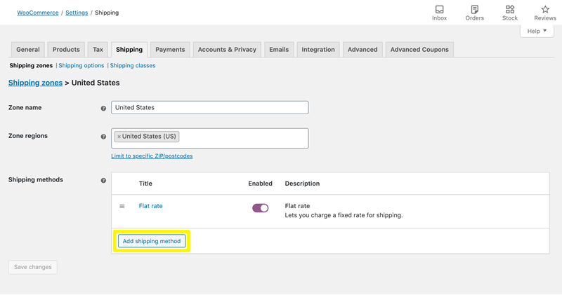 WooCommerce Settings add shipping method