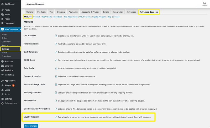 WooCommerce settings Advanced Coupons modules loyalty program