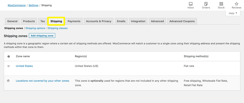 WooCommerce settings shipping zones