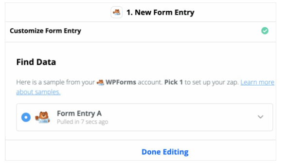 Zapier new form entry find data done editing