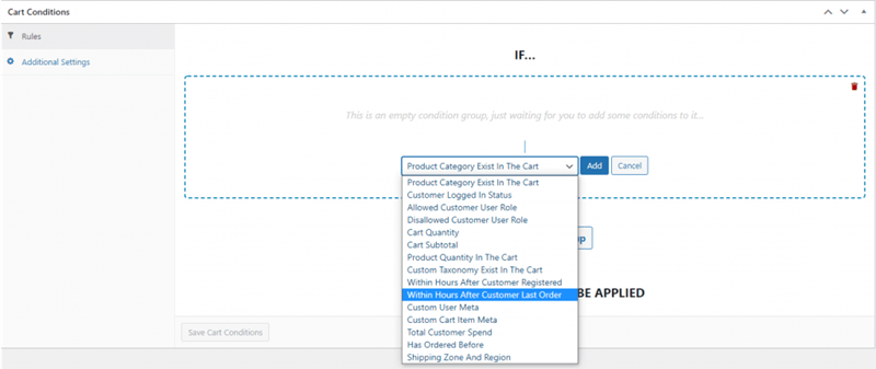 cart conditions Within Hours After Customer Last Order