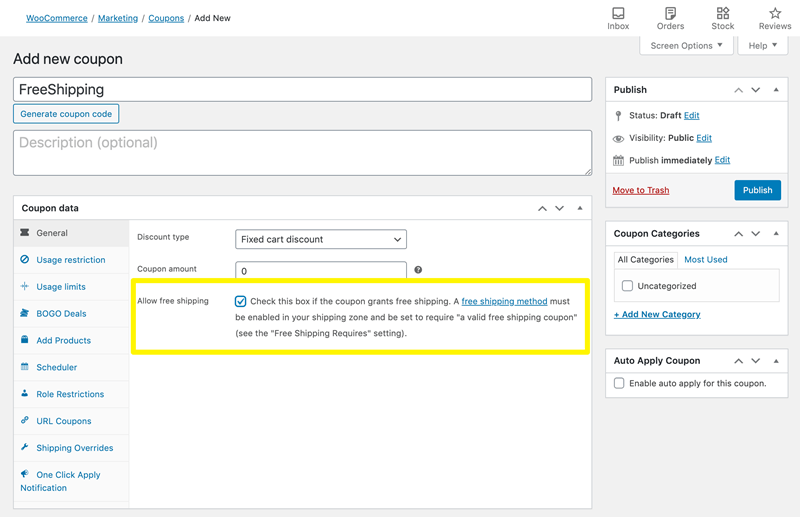 woocommerce coupon data settings allow free shipping