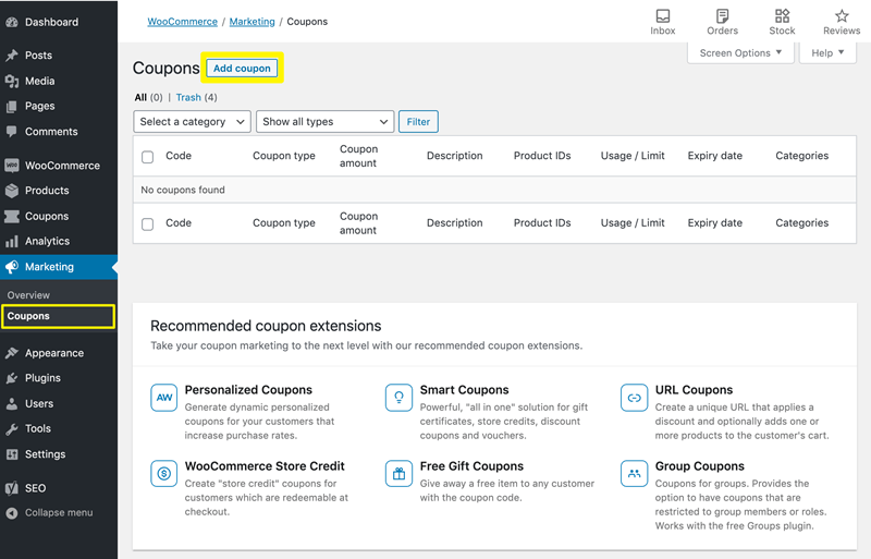 woocommerce marketing add coupon