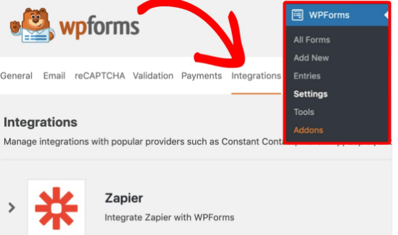 wpforms dashboard integrations settings addons