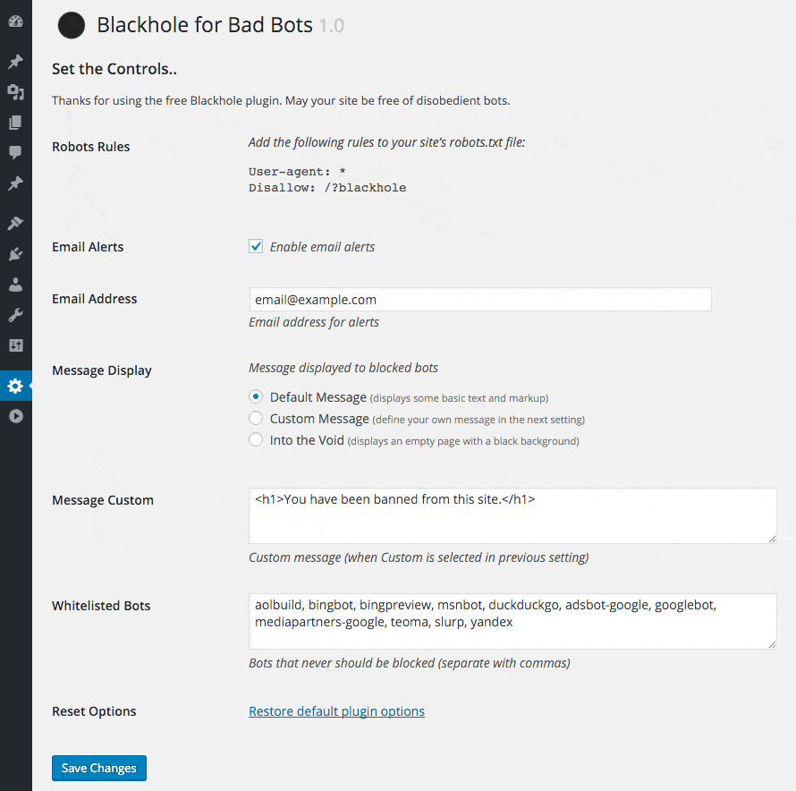 Blackhole Setting Screen