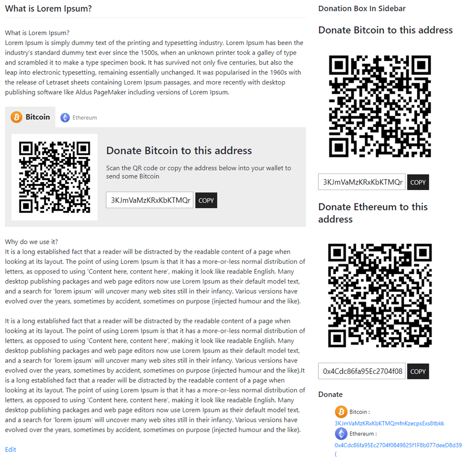 Cryptocurrency Donation For Sidebar Demo