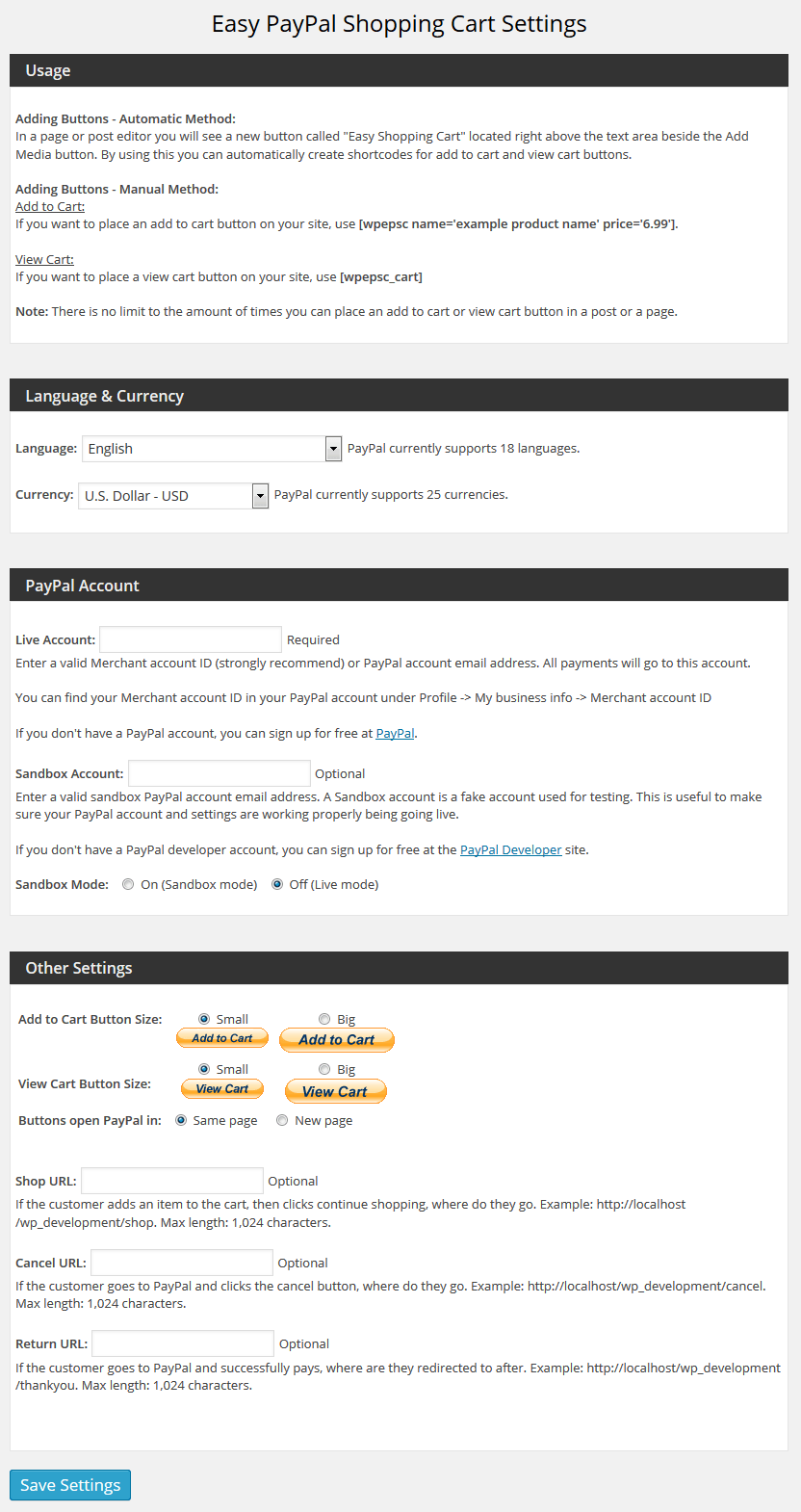 Easy PayPal Shopping Cart Setting Page