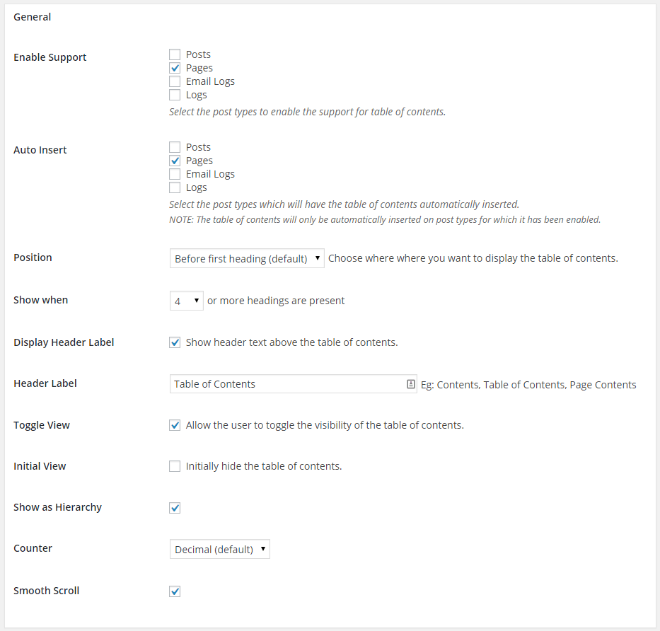 Easy Table Of Content The General Section Of The Setting