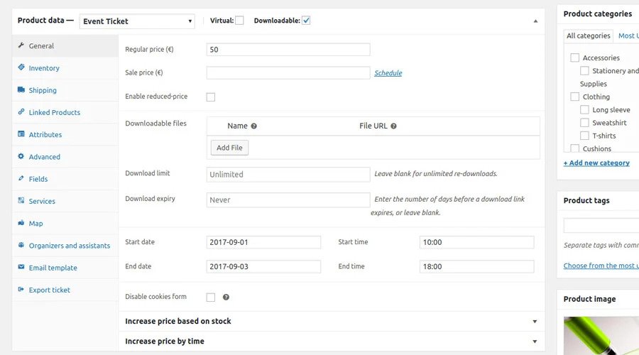 Event ticket product configuration