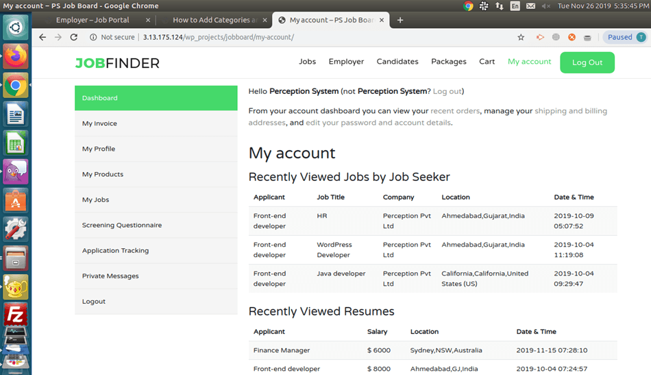 JobFinder My Account Dashboard