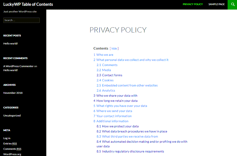 Lucky WP Table of Content Demo