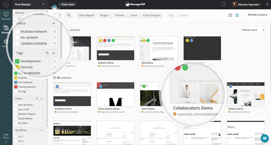 ManageWP dashboard With A Thumbnail View of 20 Websites