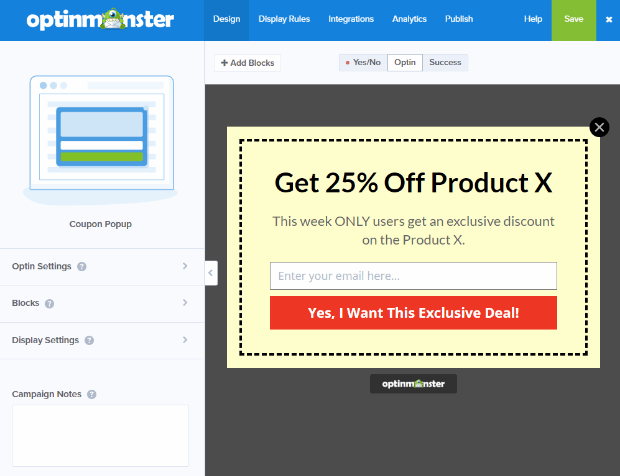 OptinMonster design coupon defualt view