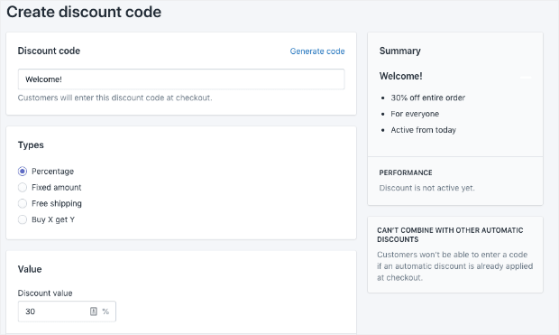 Shopify create discount code