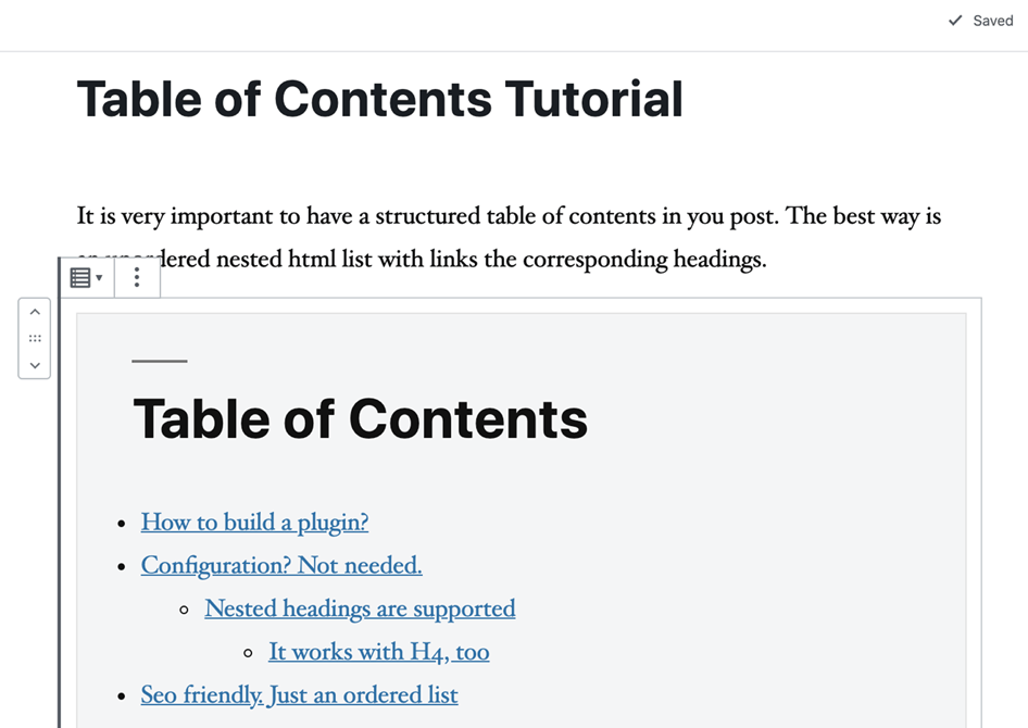 Simple TOC block In GutenBerg Editor