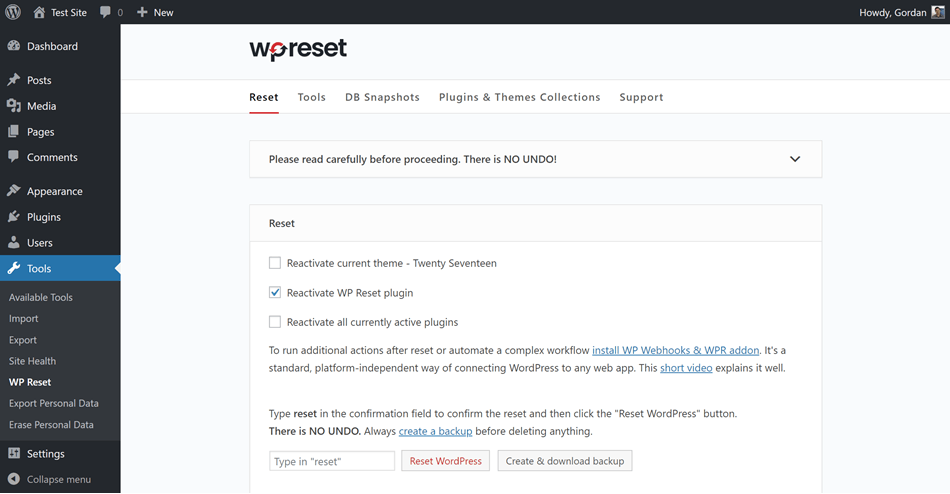 WP Reset - Main Reset Page