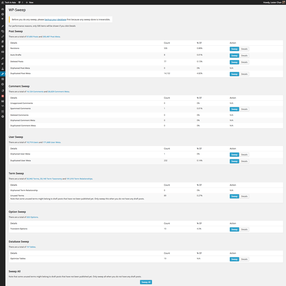 WP Sweep Administrator Page Before Sweeping